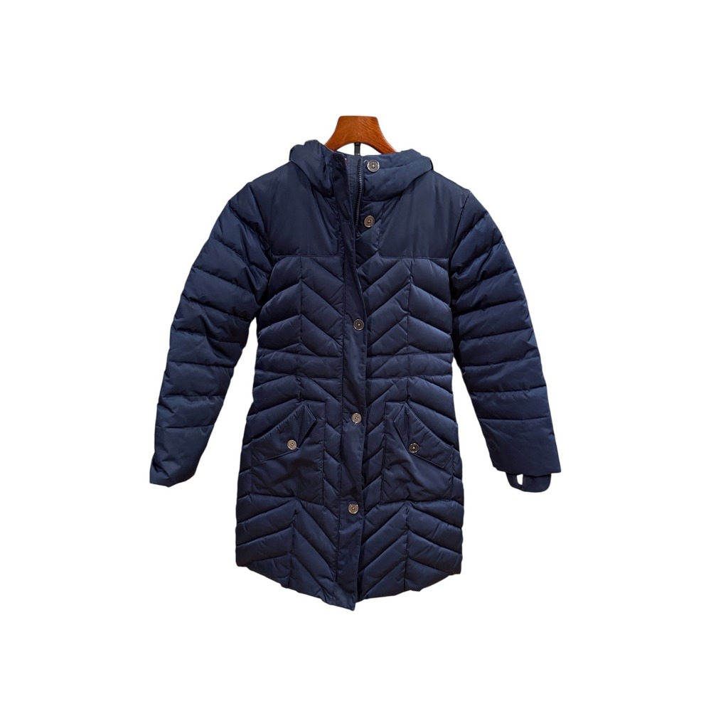 Lands End Kids Navy Blue Down Puffer Parka Jacket Hooded Chevron Quilt Size L 14